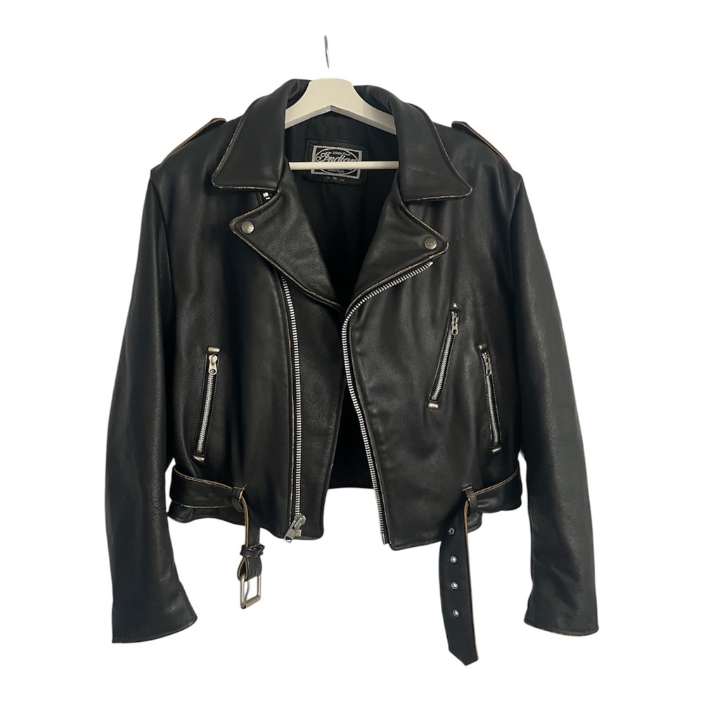 Vintage Indian Motorcycle Black Leather Biker Jacket with Belt 80s